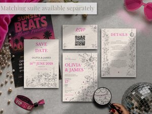 Flat lay of multiple matching wedding suite items including invitations, RSVP cards, a details card, and festival accessories.