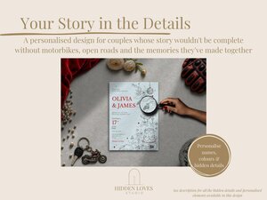 Promotional graphic showing a wedding invitation suite with overlaid text boxes describing personalised details against a grey surface.