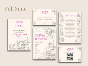 A full suite of festival-themed wedding stationery including save the date, invitations, details card, and RSVP cards with line art illustrations and pink text.