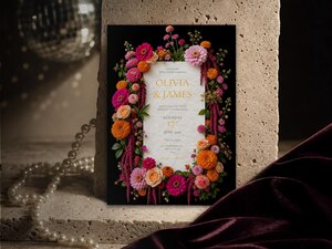 Floral wedding invitation leaning against a stone block with pearls and dark fabric nearby.