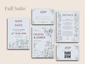 A full suite of pale blue wedding stationery featuring red lettering and detailed line drawings of wedding elements and sports-themed items.