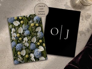 Two wedding invitation cards showing the front with blue and yellow flowers and the back with initials O and J.