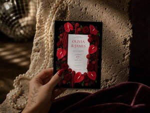 A hand with a floral tattoo holds a black and red floral wedding invitation against a textured stone backdrop with pearls and dark velvet fabric.
