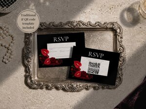 Two RSVP cards, one with a traditional response line and one with a QR code, displayed on an ornate silver tray with pearls and a promotional text badge.