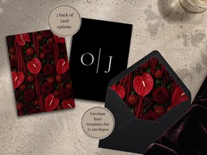 A flat lay shows a red floral card design next to a black card with monograms and a black envelope with a red floral liner.