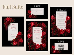 Full suite of black wedding stationery featuring red roses and anthuriums surrounding white text boxes.