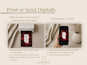 Informational graphic showing a home printer printing a card on the left and a hand holding a phone displaying the invitation on the right.
