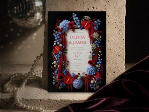 A wedding invitation card with red and blue flowers against a black background stands upright against a stone block.