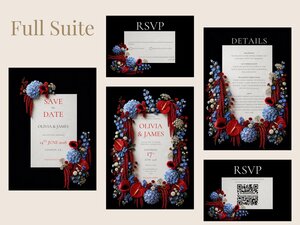 A display of various items in a wedding stationery suite including save the date, RSVP, details card, and invitation with red and blue floral designs.