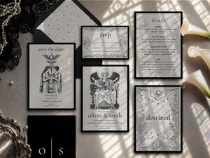 Lesbian tarot wedding invitation suite inspired by The Lovers card, featuring two women, celestial symbolism and mystical gothic romantic styling.