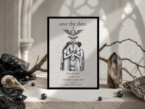 Lesbian tarot save the date inspired by The Lovers card, featuring two women, celestial symbolism and mystical gothic romantic styling.