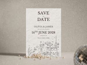 A Save the Date card for Olivia and James featuring text for 14th June 2028 and illustrated line art, displayed with pearls on a textured background.
