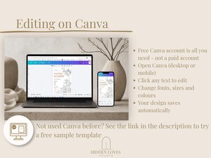 A laptop and a smartphone display the Canva editing interface for the wedding invitation template.