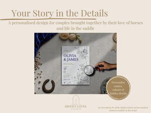 A promotional banner featuring a wedding invitation mockup surrounded by blue velvet, pearls, a horseshoe, and a hand holding a magnifying glass.