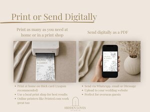 An instructional graphic demonstrating printing an invitation on a small home printer on the left, and holding a phone displaying the digital PDF on the right.