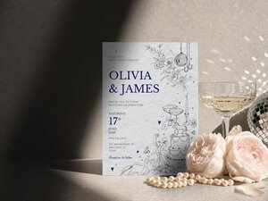 A wedding invitation card displayed upright next to pale pink roses, a pearl necklace, a champagne glass, and a disco ball.