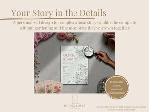 A wedding invitation template surrounded by seed packets, pink flowers, and a hand holding a magnifying glass.