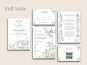 Full suite of editable wedding stationery templates with botanical illustrations and pink text on a light background.