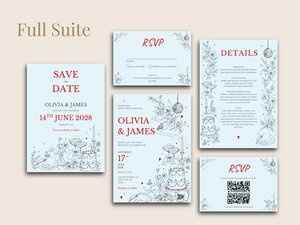 A full suite of wedding invitations and information cards displays matching red typography and whimsical line drawings.