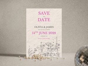 A vertical Save the Date card resting upright on a surface with a pearl strand draped below it and a disco ball to the right.
