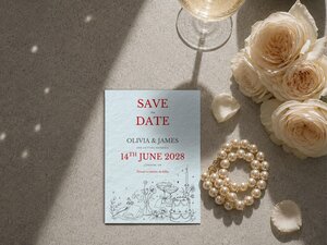 A Save the Date card with red text reading Save the Date Olivia and James is styled on a grey surface with flowers and pearls.