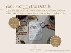 A wedding invitation mockup surrounded by football match tickets, a whistle, a football, and text describing custom details.