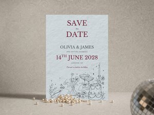 A save the date card for Olivia and James standing upright with a string of pearls and a disco ball on a concrete surface.
