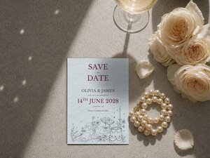 A save the date card laid flat next to peach roses, a pearl necklace, loose petals, and a glass of champagne.