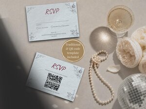Two RSVP cards with red text and illustrated details lie on a light surface next to pearls, a champagne glass, and a small disco ball.