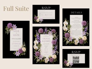 Display of the full wedding stationery suite including save the date, RSVP, details cards, and envelope liners.