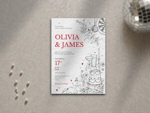 The Olivia and James wedding invitation card laid flat on a grey textured surface with scattered pearls and a disco ball in the corner.
