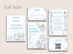 A full suite of wedding stationery featuring white cards with blue typography, black sketchy illustrations, and RSVP forms, labeled Full Suite.