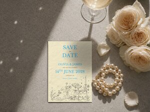 A save the date card for Olivia and James featuring blue text and line art, displayed next to roses and pearls.