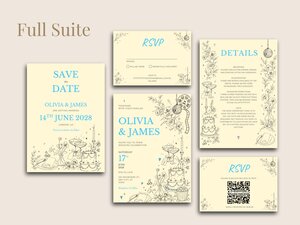 Full wedding invitation suite featuring a save the date card, main invitation, RSVP cards, and details card with blue lettering and black sketched icons on pale yellow paper.