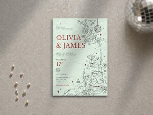 A pale green wedding invitation resting on a textured grey table next to scattered pearls and a disco ball.