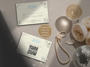 Two RSVP cards with floral illustrations displayed on a table next to a glass of champagne, pearls, and a disco ball.