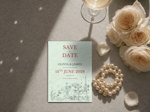 A pale green Save the Date card is laid flat on a grey surface alongside a string of pearls, scattered rose petals, and cream roses.