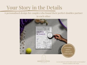 A hand holds a magnifying glass over a wedding invitation template, surrounded by a tennis ball, pearls, and a purple cloth.