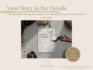 A wedding invitation template is displayed on a textured grey background with a hand holding a magnifying glass over it, surrounded by pearls and flowers.