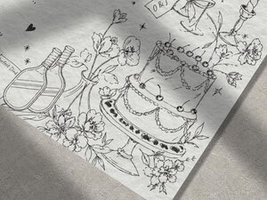 A close-up of the illustrated wedding invitation featuring line drawings of two pickleball paddles, flowers, a multi-tiered cake, and champagne glasses.