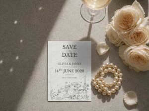 A Save the Date card for Olivia and James positioned on a textured surface with pale roses, a string of pearls, and a glass of champagne.