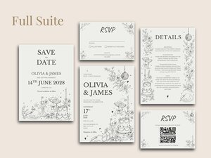 A flat lay display of a full wedding stationery suite featuring save the date, main invitation, details card, and two RSVP designs with line-art illustrations.