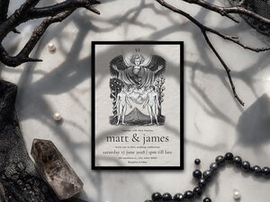 Gay tarot wedding invitation inspired by The Lovers card, featuring two men, celestial symbolism and mystical gothic romantic styling.