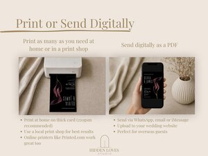 An informational graphic explains printing and digital sharing options, showing a printer outputting a card and a hand holding a phone displaying the invitation.