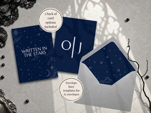 Two blue wedding stationery back-option cards and an open envelope featuring a starry night liner.