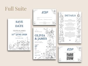 An overview displays the full stationery suite including save the date cards, invitations, RSVP cards, and details cards with blue text and line art.