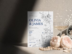 A wedding invitation stands beside two pink roses, a pearl necklace, a champagne coupe, and a disco ball.
