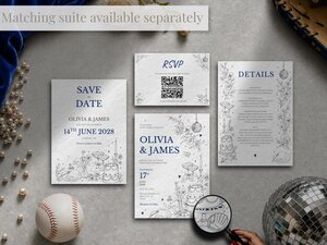 An arrangement of matching wedding stationery including a save the date, invitation, RSVP cards, and details card.