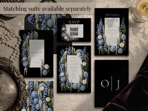 A complete wedding stationery suite including save the date, invitation, details card, and RSVP cards.
