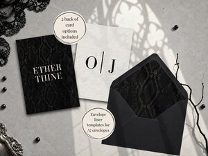 Stationery elements including a dark snake-print card, an invitation backer with monogram initials OJ, and a black envelope with a matching snake-print liner.